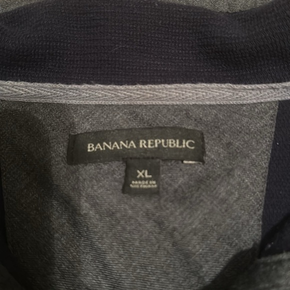 Banana Republic Navy Blue Waffle Knit Grey Patchwork Collared Quarterzip Sweater - Picture 4 of 6